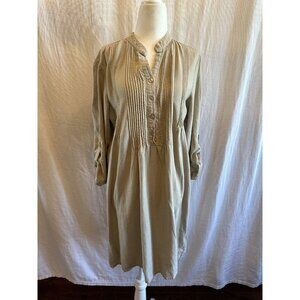 Tahari XS Beige Linen 3/4 Sleeve Split Neck Pleated Dress Lightweight Casual‎